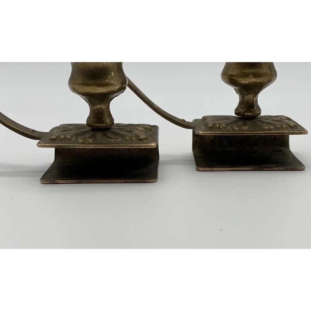 Vintage Pair Solid Brass Chamberstick Candle Holders w Matchbox Storage & Handle